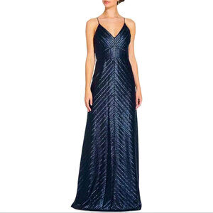 Weddington Way by Adrianna Papell Navy Blue Sequin Spaghetti Strap Gown